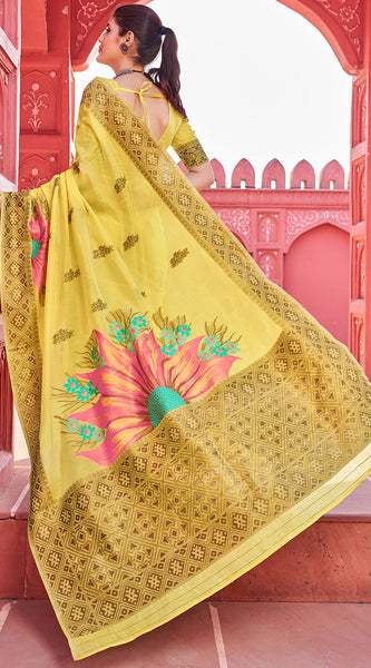Splendiferous Yellow Cotton Silk Saree With Luxuriant Blouse Piece
