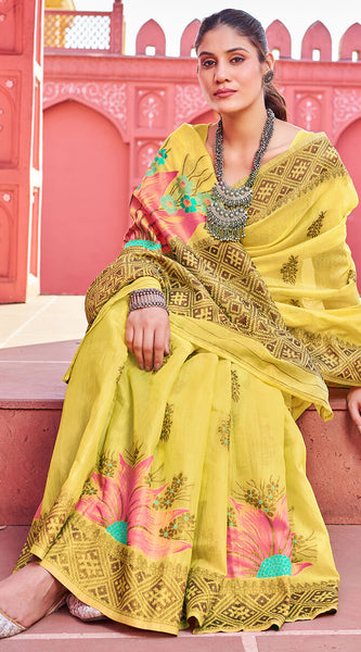Splendiferous Yellow Cotton Silk Saree With Luxuriant Blouse Piece