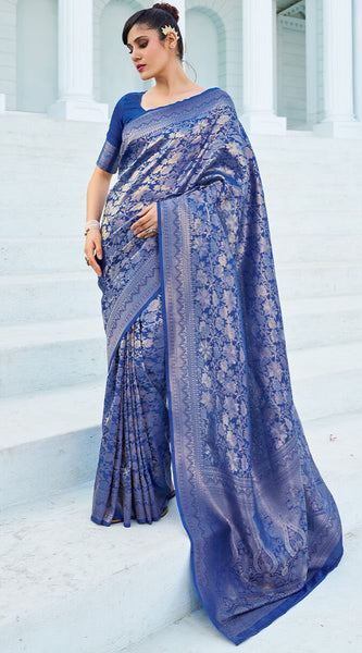 Pretty Blue Kanjivaram Silk Saree With Innovative Blouse Piece