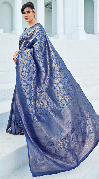 Pretty Blue Kanjivaram Silk Saree With Innovative Blouse Piece