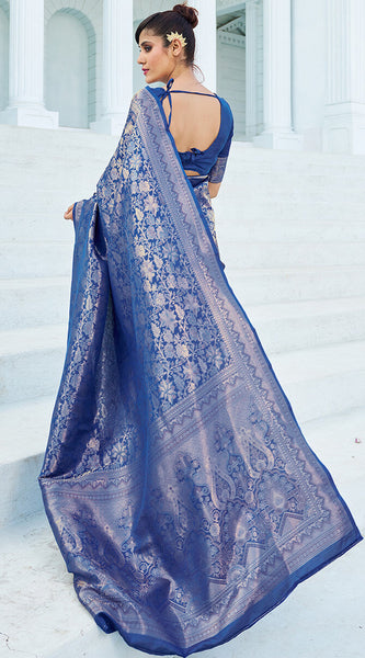 Pretty Blue Kanjivaram Silk Saree With Innovative Blouse Piece