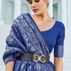 Pretty Blue Kanjivaram Silk Saree With Innovative Blouse Piece