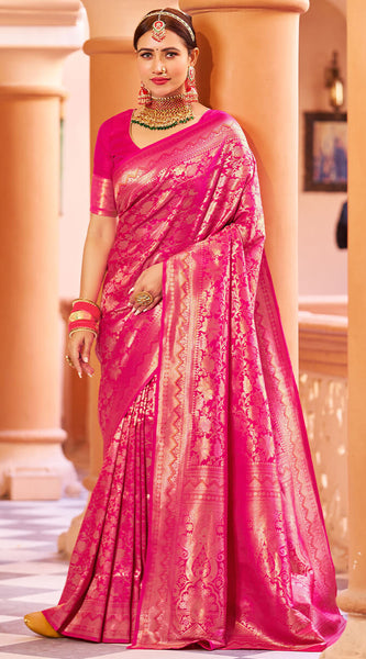 Designer Dark Pink Kanjivaram Silk Saree With Ethnic Blouse Piece