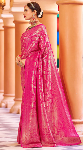 Designer Dark Pink Kanjivaram Silk Saree With Ethnic Blouse Piece