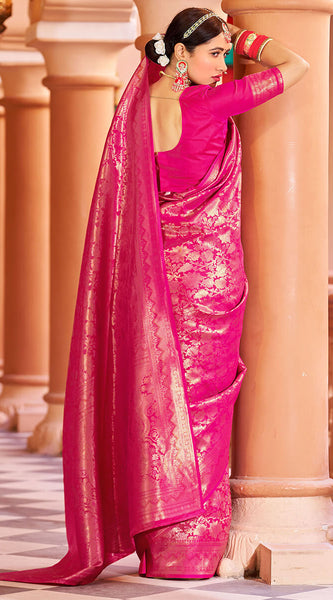 Designer Dark Pink Kanjivaram Silk Saree With Ethnic Blouse Piece