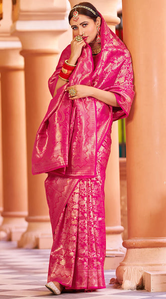 Designer Dark Pink Kanjivaram Silk Saree With Ethnic Blouse Piece