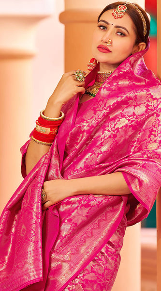 Designer Dark Pink Kanjivaram Silk Saree With Ethnic Blouse Piece