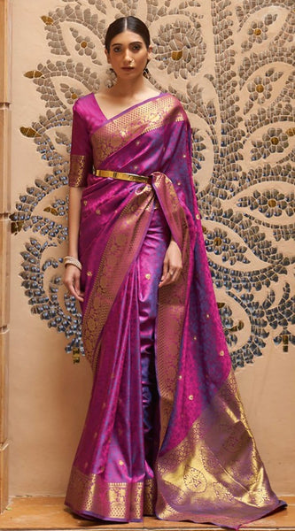 Snappy Purple Pure Kanjivaram Silk Saree with Artistic Blouse Piece