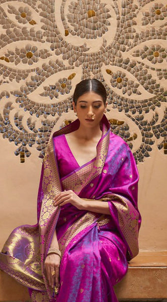 Snappy Purple Pure Kanjivaram Silk Saree with Artistic Blouse Piece