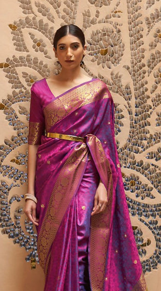 Snappy Purple Pure Kanjivaram Silk Saree with Artistic Blouse Piece