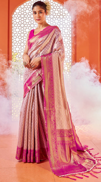 Gratifying Baby Pink Kanjivaram Silk Saree With Precious Blouse Piece