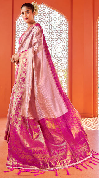 Gratifying Baby Pink Kanjivaram Silk Saree With Precious Blouse Piece