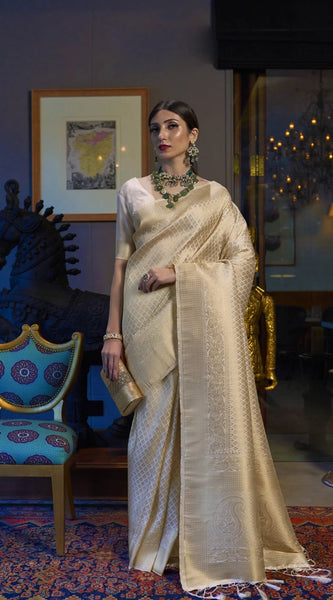 Demesne Beige Kanjivaram Silk Saree With Demure Blouse Piece