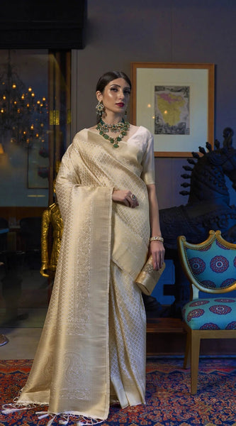 Demesne Beige Kanjivaram Silk Saree With Demure Blouse Piece