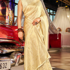 Marvellous Beige Kanjivaram Silk Saree With Adorning Blouse Piece