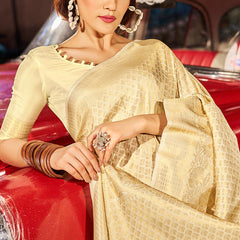 Marvellous Beige Kanjivaram Silk Saree With Adorning Blouse Piece