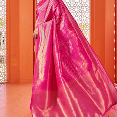 Beautiful Dark Pink Kanjivaram Silk Saree With Captivating Blouse Piece