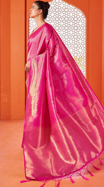 Beautiful Dark Pink Kanjivaram Silk Saree With Captivating Blouse Piece