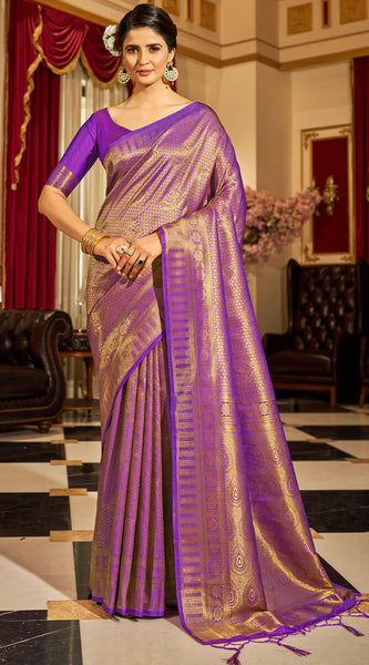Inspiring Purple Kanjivaram Silk Saree With Divine Blouse Piece