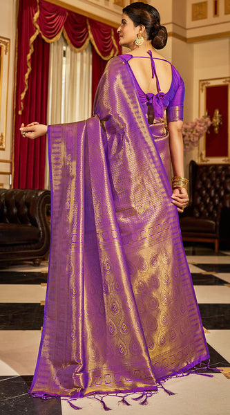 Inspiring Purple Kanjivaram Silk Saree With Divine Blouse Piece