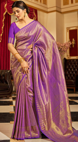 Inspiring Purple Kanjivaram Silk Saree With Divine Blouse Piece