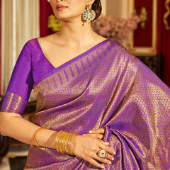 Inspiring Purple Kanjivaram Silk Saree With Divine Blouse Piece