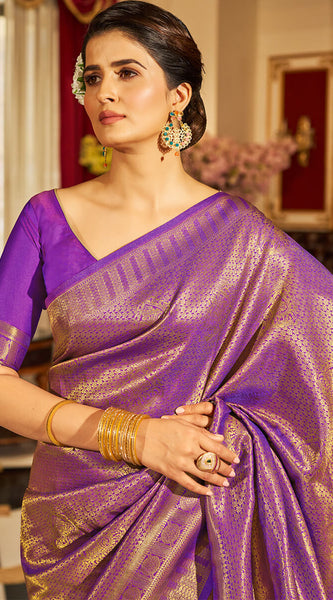 Inspiring Purple Kanjivaram Silk Saree With Divine Blouse Piece