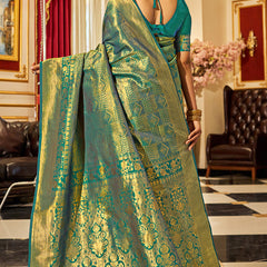 Demure Rama Kanjivaram Silk Saree With Evocative Blouse Piece