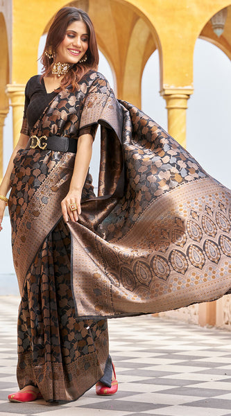 Beautiful Black Kanjivaram Silk Saree With Divine Blouse Piece