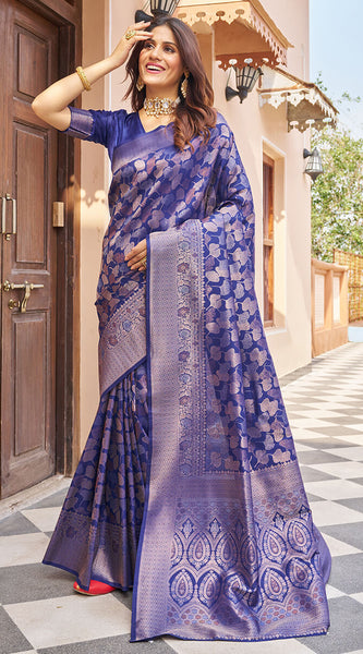 Blissful Navy Blue Kanjivaram Silk Saree With Chatoyant Blouse Piece