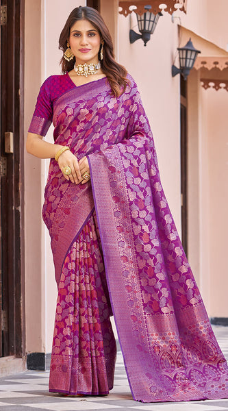 Inspiring Purple Kanjivaram Silk Saree With Desuetude Blouse Piece