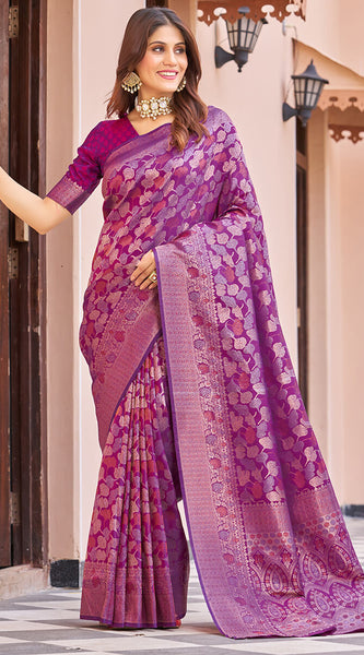 Inspiring Purple Kanjivaram Silk Saree With Desuetude Blouse Piece