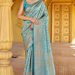 Comely Firozi Kanjivaram Silk Saree With Epiphany Blouse Piece