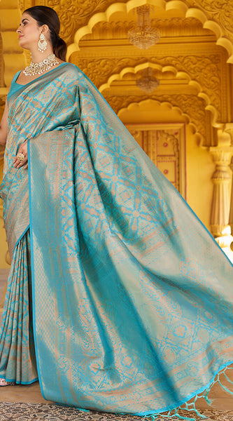 Comely Firozi Kanjivaram Silk Saree With Epiphany Blouse Piece