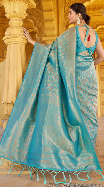 Comely Firozi Kanjivaram Silk Saree With Epiphany Blouse Piece