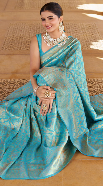 Comely Firozi Kanjivaram Silk Saree With Epiphany Blouse Piece