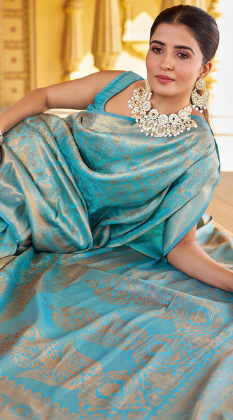 Comely Firozi Kanjivaram Silk Saree With Epiphany Blouse Piece