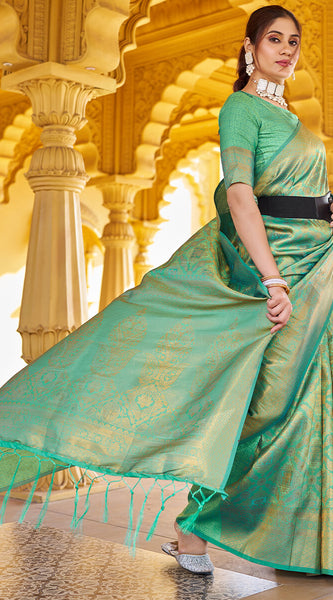 Petrichor Green Kanjivaram Silk Saree With Splendiferous Blouse Piece