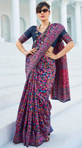 Elegant Navy Blue Pashmina saree With Intricate Blouse Piece