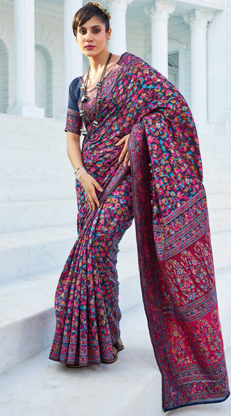 Elegant Navy Blue Pashmina saree With Intricate Blouse Piece