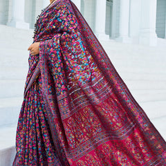 Elegant Navy Blue Pashmina saree With Intricate Blouse Piece