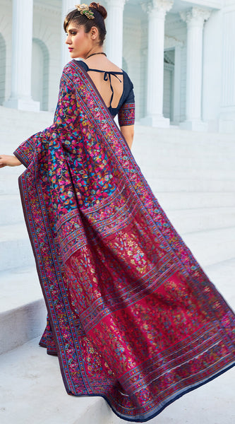 Elegant Navy Blue Pashmina saree With Intricate Blouse Piece