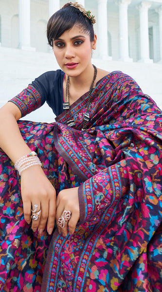 Elegant Navy Blue Pashmina saree With Intricate Blouse Piece
