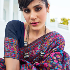 Elegant Navy Blue Pashmina saree With Intricate Blouse Piece