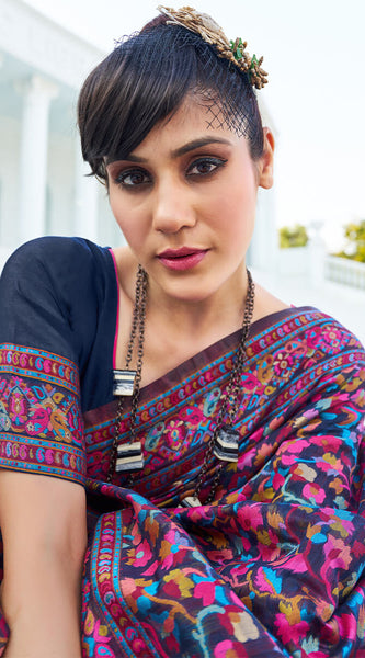 Elegant Navy Blue Pashmina saree With Intricate Blouse Piece