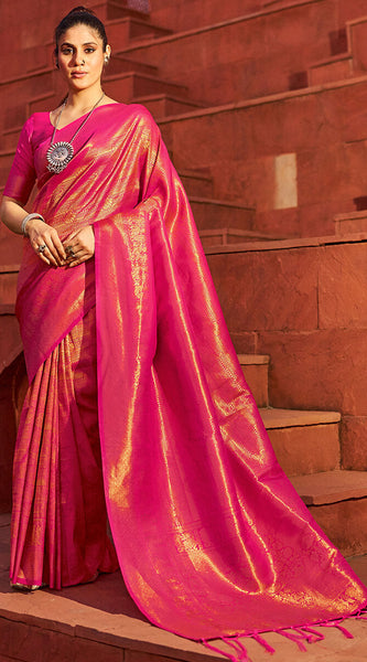 Outstanding Dark Pink Kanjivaram Silk Saree With Jazzy Blouse Piece