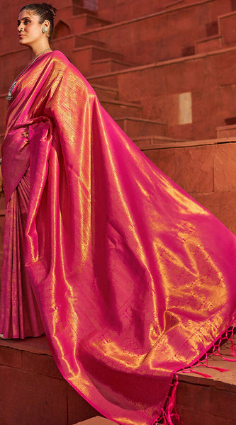Outstanding Dark Pink Kanjivaram Silk Saree With Jazzy Blouse Piece