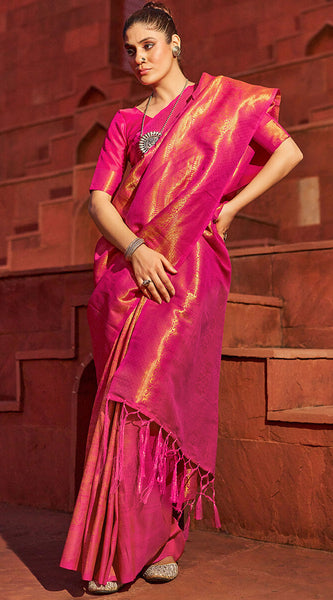 Outstanding Dark Pink Kanjivaram Silk Saree With Jazzy Blouse Piece