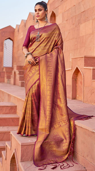 Adorable Purple Kanjivaram Silk Saree With Pleasant Blouse Piece