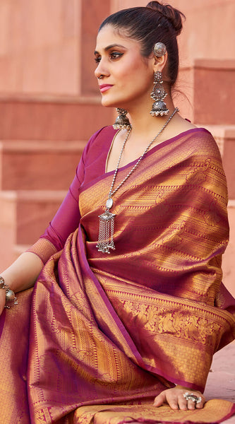 Adorable Purple Kanjivaram Silk Saree With Pleasant Blouse Piece